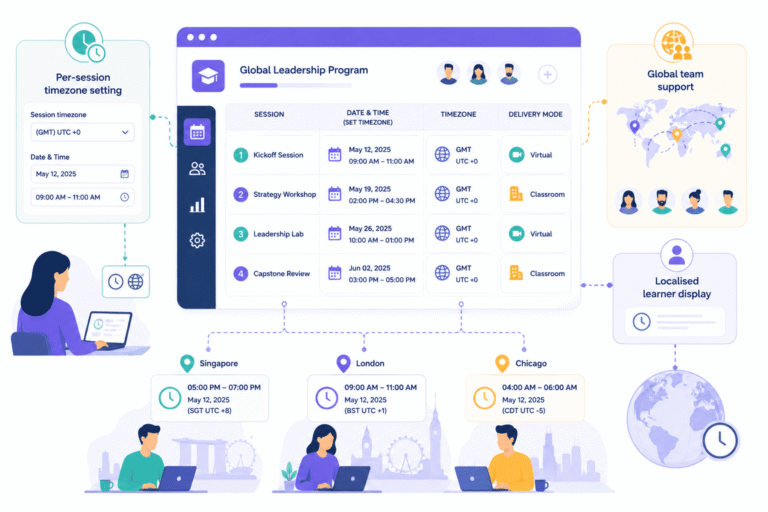 Timezone-Details-for-Every-Session: Global training schedule with automatic timezone management