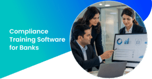 Bank team reviewing compliance training dashboard in office
