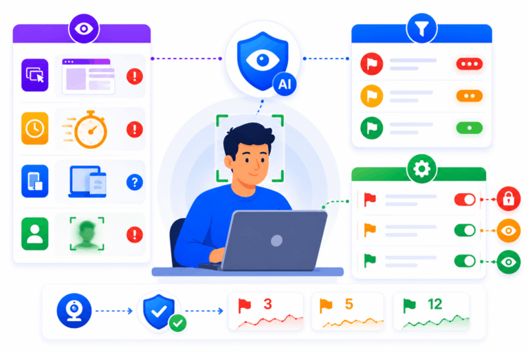 SimpliTrain AI monitors online exams, detects behavioral anomalies, and flags suspicious activity for review.