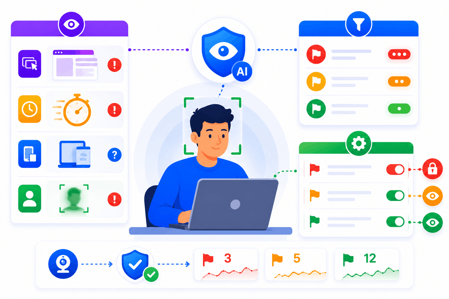 SimpliTrain AI monitors online exams, detects behavioral anomalies, and flags suspicious activity for review.