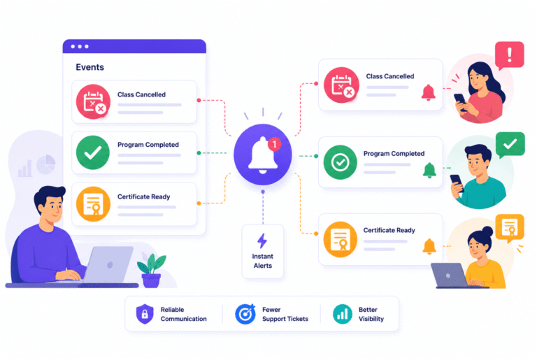 SimpliTrain automated event notifications instantly alert learners and administrators about class cancellations, training completion, and certificate availability, ensuring timely communication throughout the training lifecycle.