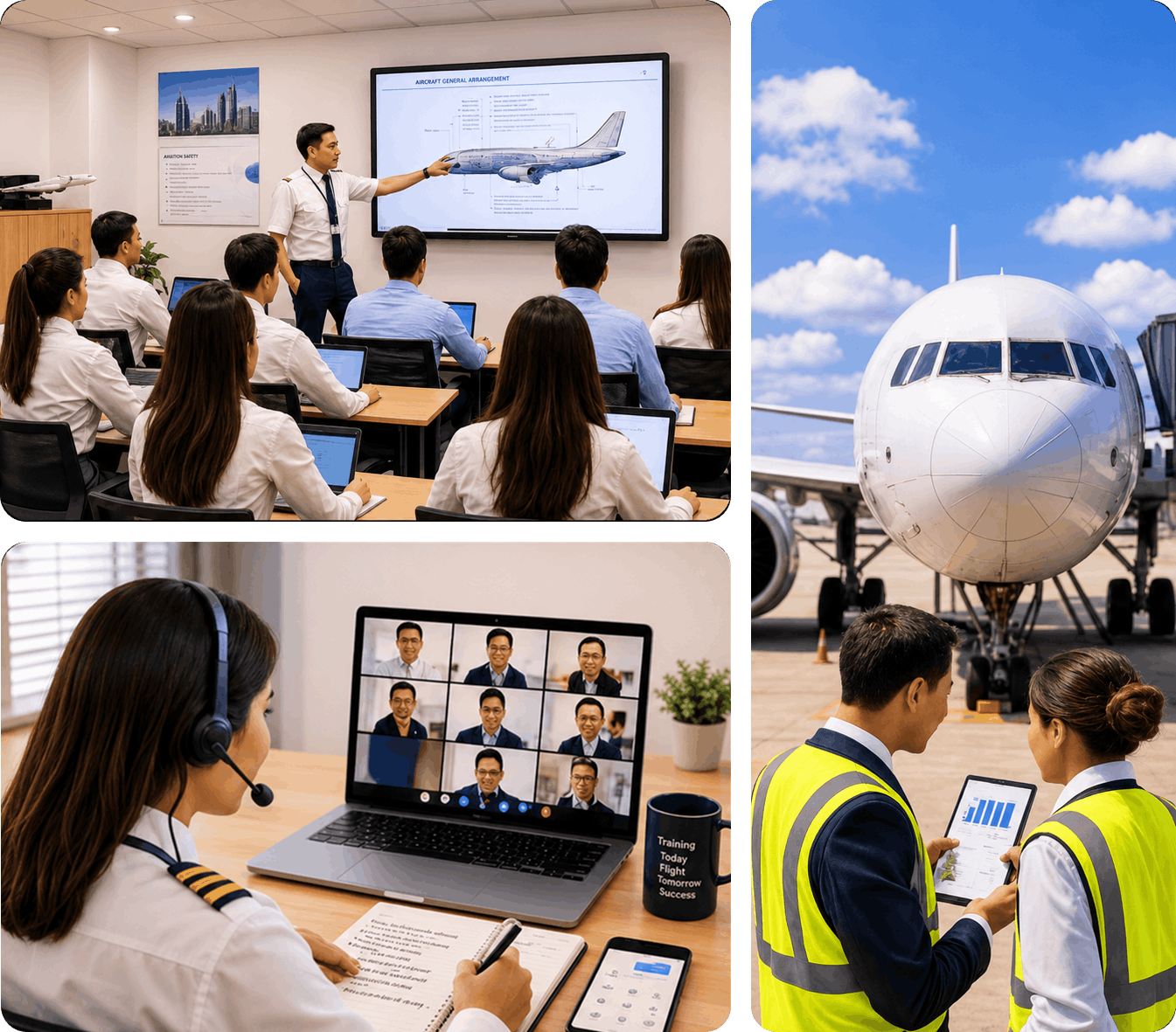 Collage of classroom, virtual, and on-airport aviation training scenes highlighting instructor-led, online, and operational training management.