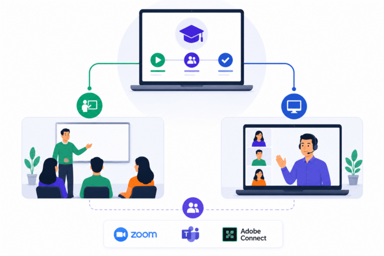 SimpliTrain blended learning with virtual and in-person instructor-led training in a single program, supporting Zoom, Microsoft Teams, and Adobe Connect