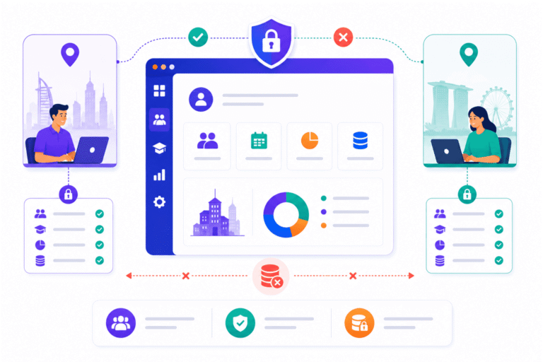 SimpliTrain center-scoped admin permissions with location-specific access control and cross-center data separation