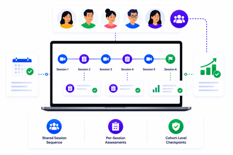SimpliTrain keeps learner cohorts progressing together through multi-session training programs with a shared session sequence, per-session assessments, and cohort-level checkpoints that support consistent competency-based learning and progress tracking.