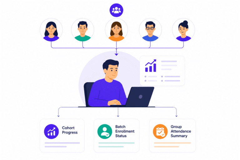 SimpliTrain cohort tracking with group progress overview, batch enrollment status, and centralized attendance monitoring