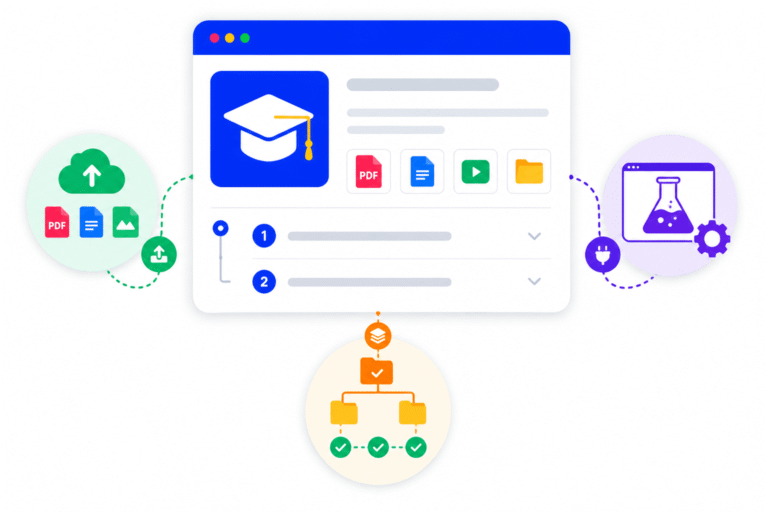 Vector illustration of SimpliTrain course builder with learning materials, lab integrations, and structured course content.