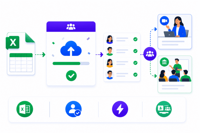 SimpliTrain imports large batches of learners from Excel in a single step, automatically creating user accounts and enabling immediate group assignment and enrollment into instructor-led or blended training programs.