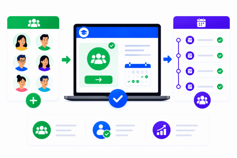 SimpliTrain enables administrators to enroll entire learner groups into multi-session training classes in a single action, keeping cohorts together throughout scheduled sessions while reducing manual enrollment effort.