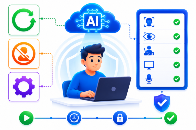 SimpliTrain AI monitors online exams automatically without live human proctors.