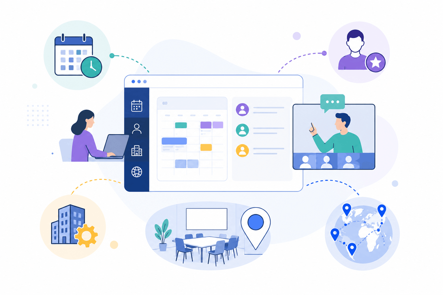 Premium vector illustration of a training management platform for scheduling instructor-led, virtual, and hybrid sessions with trainer allocation, resource planning, and multi-location coordination.