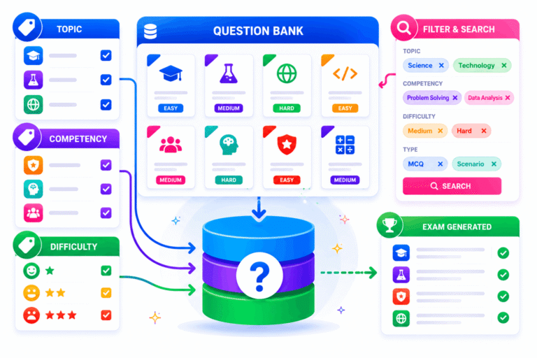SimpliTrain organizes question banks with topic, competency, and difficulty tagging for faster exam creation.