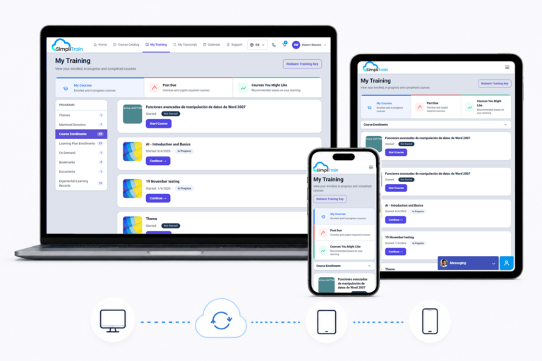 Responsive SimpliTrain learner interface with seamless course access and synced progress across desktop, tablet, and mobile devices.