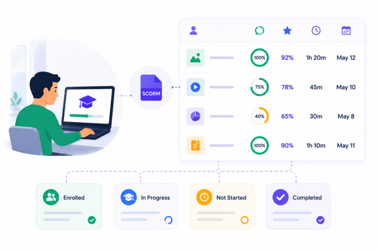 SimpliTrain SCORM course completion tracking with enrollment status, progress, assessment scores, time spent, and completion visibility