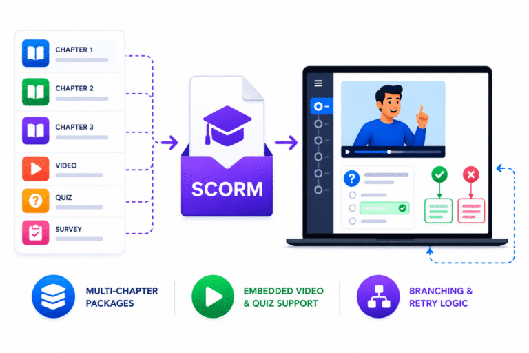 SimpliTrain SCORM learning package with chapters, video, quizzes, and branching logic