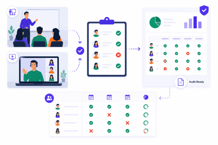 SimpliTrain session attendance tracking with per-session records, cohort attendance visibility, and audit-ready attendance logs