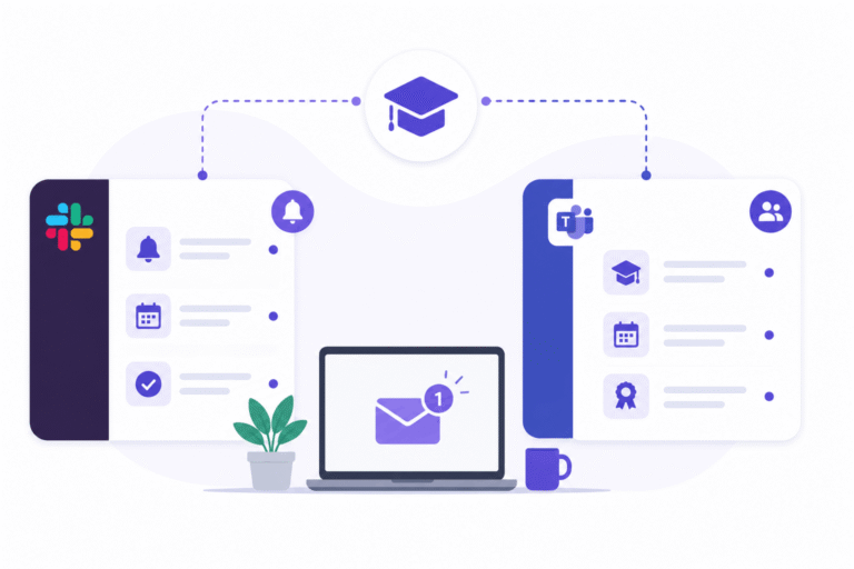 Vector illustration of SimpliTrain delivering training notifications and learning updates through Slack and Microsoft Teams integrations.