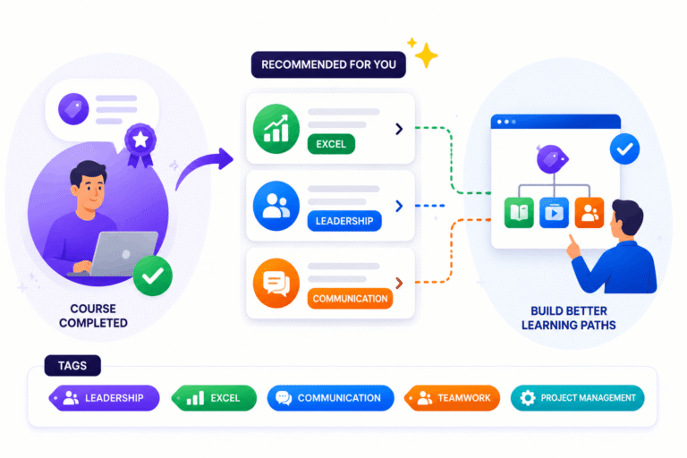 SimpliTrain uses tag-based recommendations to suggest relevant courses and support structured learning paths.