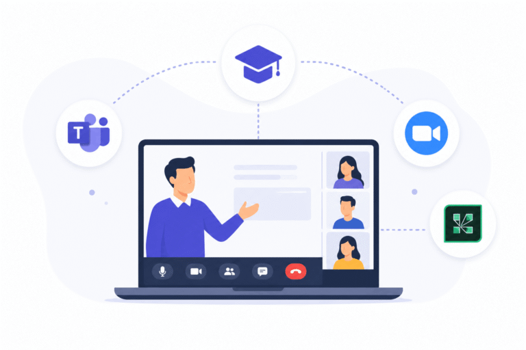 Vector illustration of SimpliTrain connecting virtual training sessions with Microsoft Teams, Zoom, and Adobe Connect.