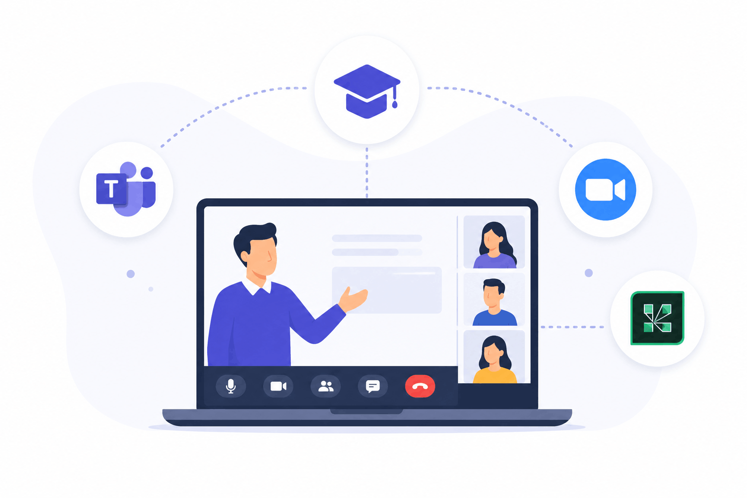 Vector illustration of SimpliTrain connecting virtual training sessions with Microsoft Teams, Zoom, and Adobe Connect.