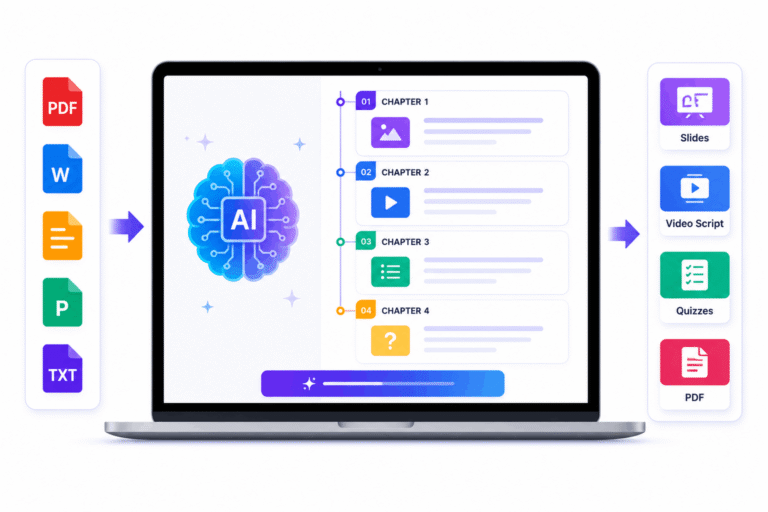 SimpliAuthor AI converts documents into structured courses with chapters, slides, quizzes, and multiple content formats.