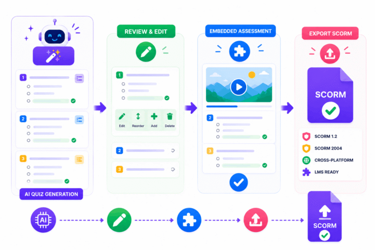 SimpliAuthor AI generates quizzes and embedded assessments that can be reviewed before SCORM export.