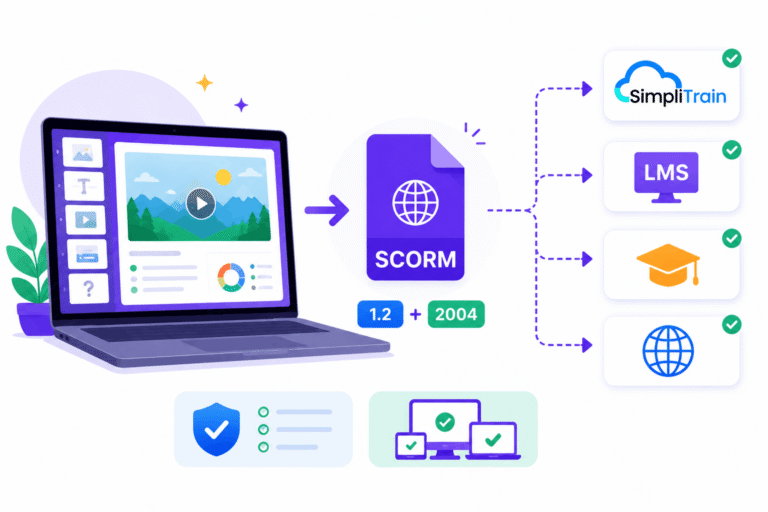 SimpliAuthor exports SCORM-compliant courses for seamless delivery in SimpliTrain and other LMS platforms.