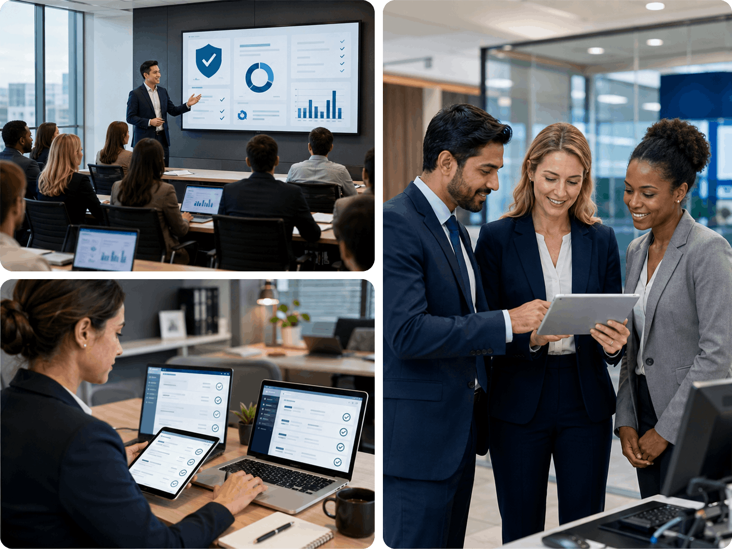 Financial services compliance training, records review, and team collaboration collage