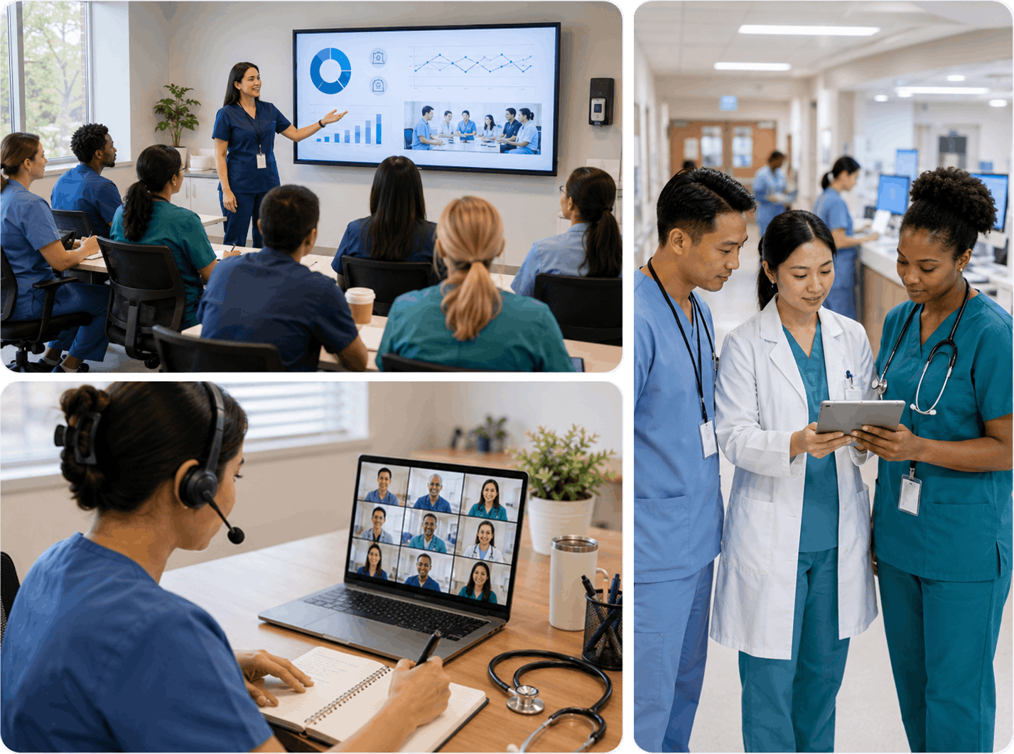 Healthcare staff in training, virtual learning, and clinical collaboration scenes