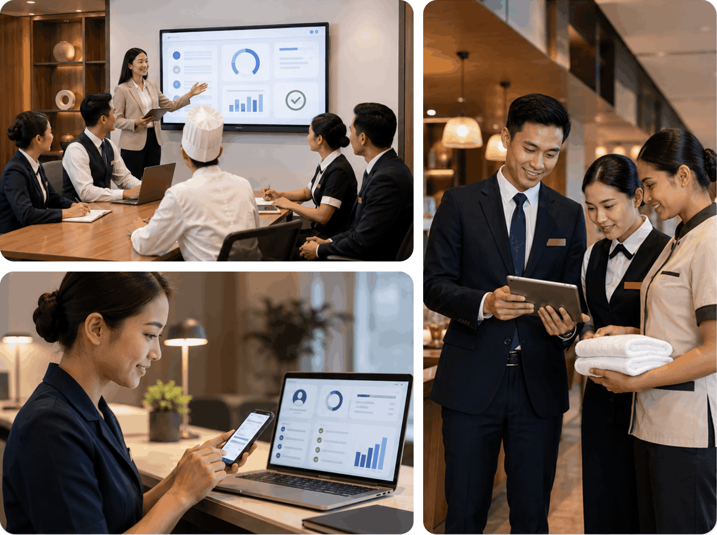 Hospitality staff onboarding, mobile training, and service team collaboration collage