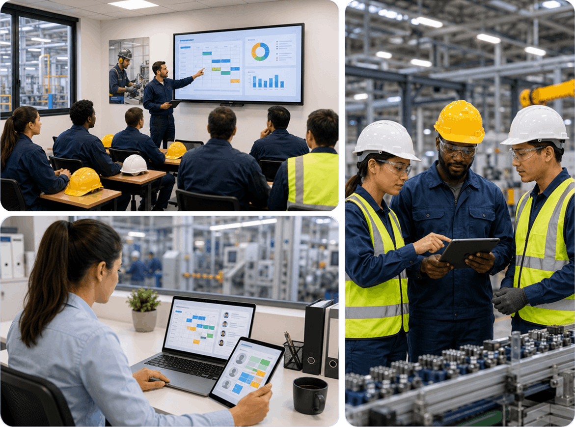 Manufacturing training, scheduling, and certified operator teamwork collage