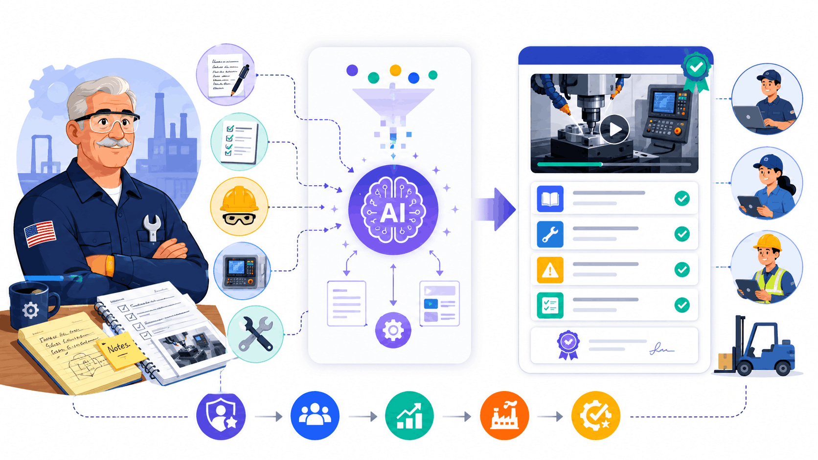 SimpliTrain AI course authoring illustration showing a veteran operator’s knowledge turned into structured training modules for new hires.
