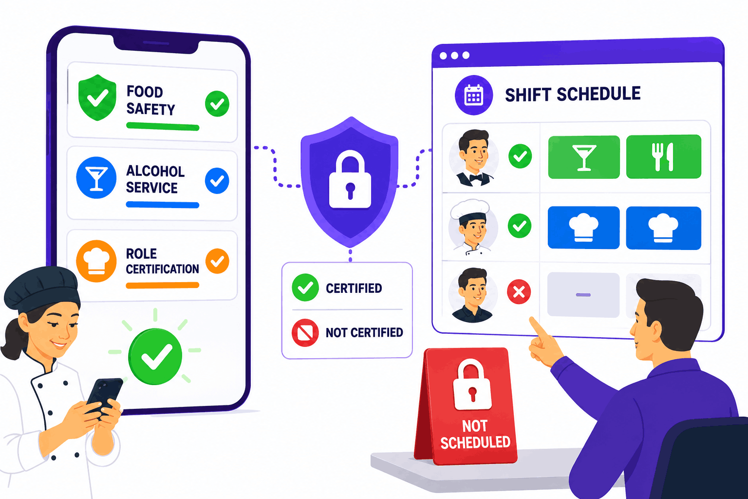 SimpliTrain certification scheduling illustration showing food-safety, alcohol-service, and role training gating staff shift assignments.