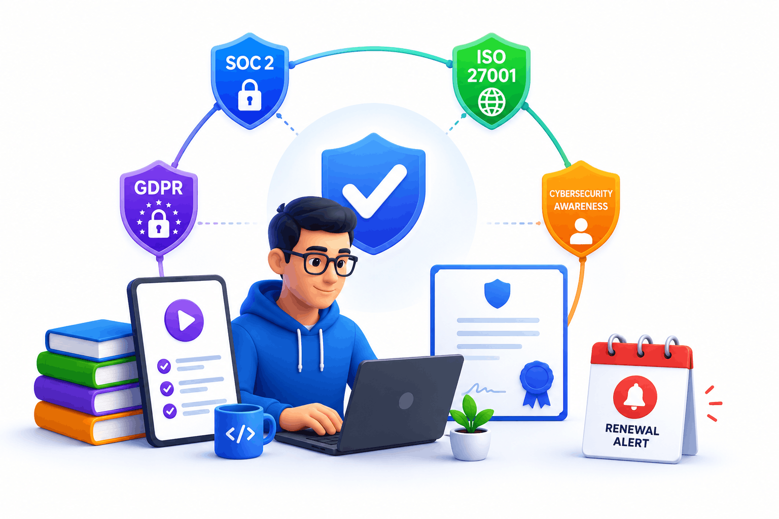 SimpliTrain developer compliance training illustration showing SOC 2, ISO 27001, GDPR, and cybersecurity renewal alerts.
