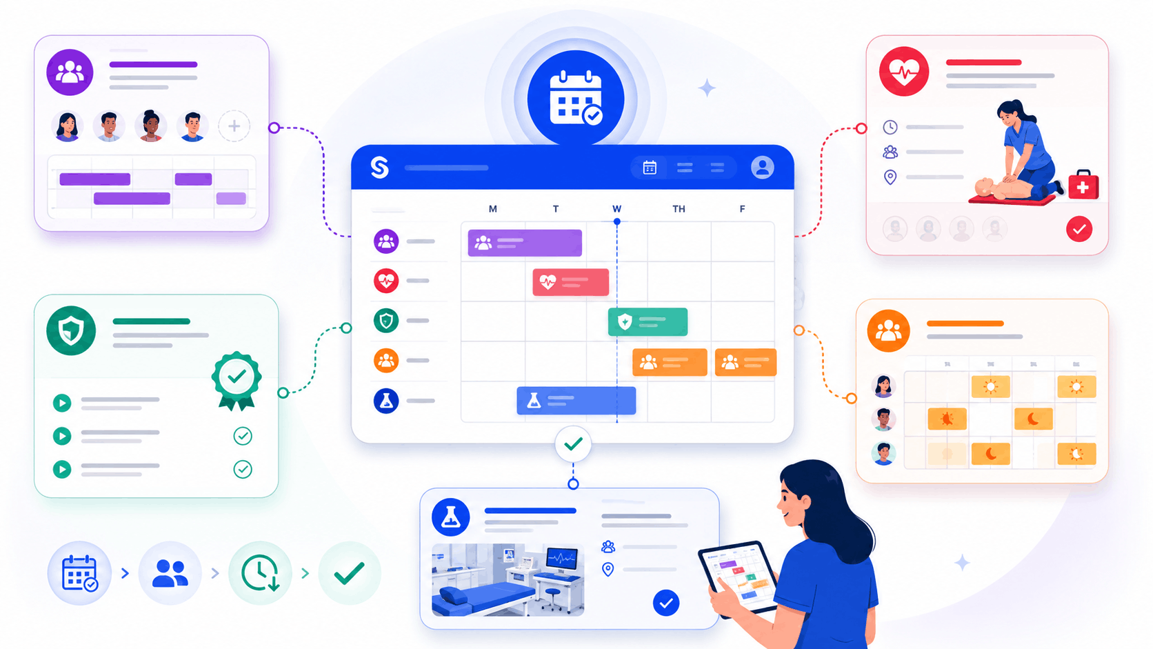 SimpliTrain healthcare scheduling illustration showing one training calendar coordinating skills labs, compliance modules, and shift-based session planning.