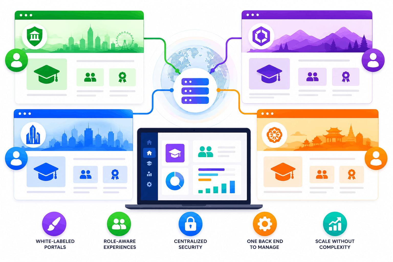 SimpliTrain multi-region portal illustration showing separate branded, role-aware portals managed from one central backend.