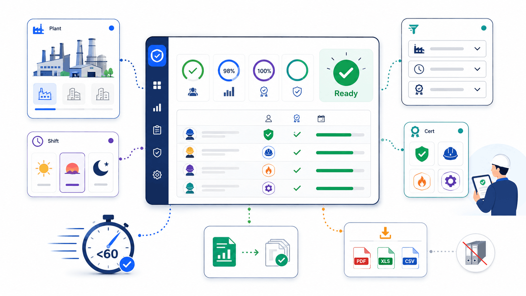 SimpliTrain compliance reporting illustration showing fast safety record retrieval with filters for plant, shift, and certification type.