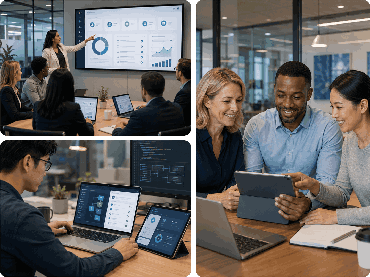 Software training, team onboarding, and customer learning collaboration collage