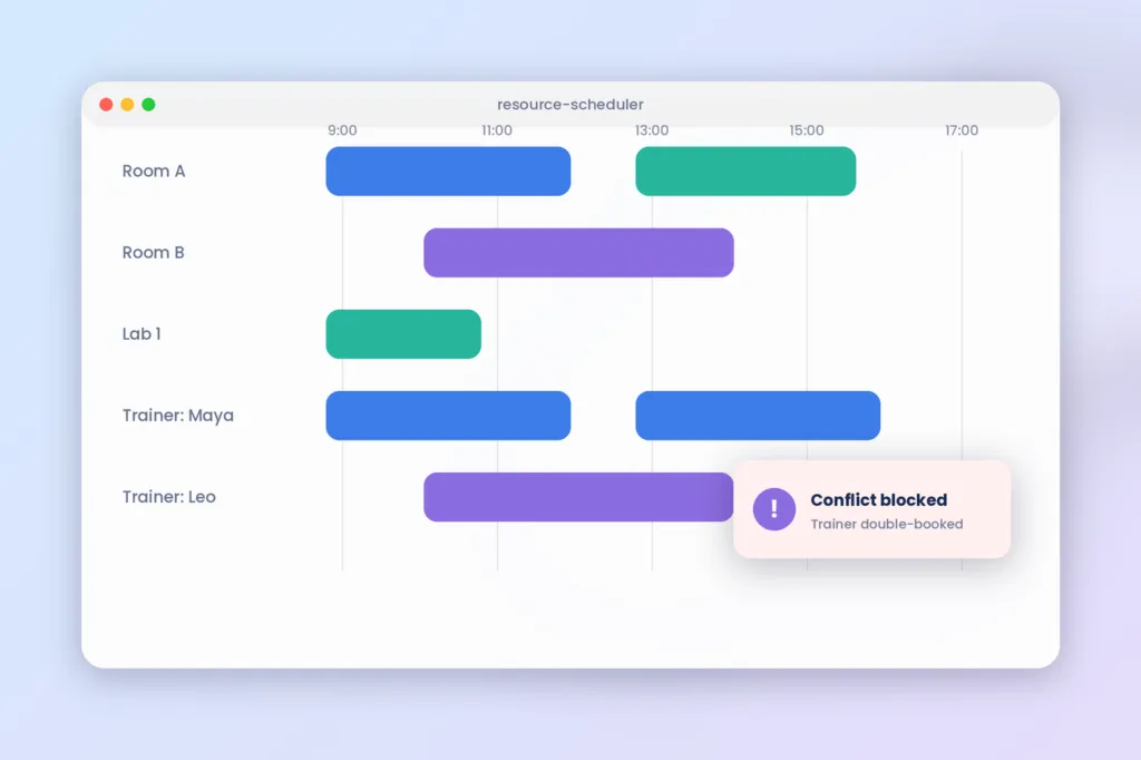 SimpliTrain graphical course scheduling dashboard featuring instructor availability, physical room allocation, and conflict d
