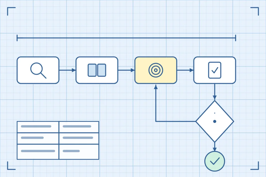 Line-art flow for competency based training examples: pre-assess, learn, practice, assess, then sign off or retry