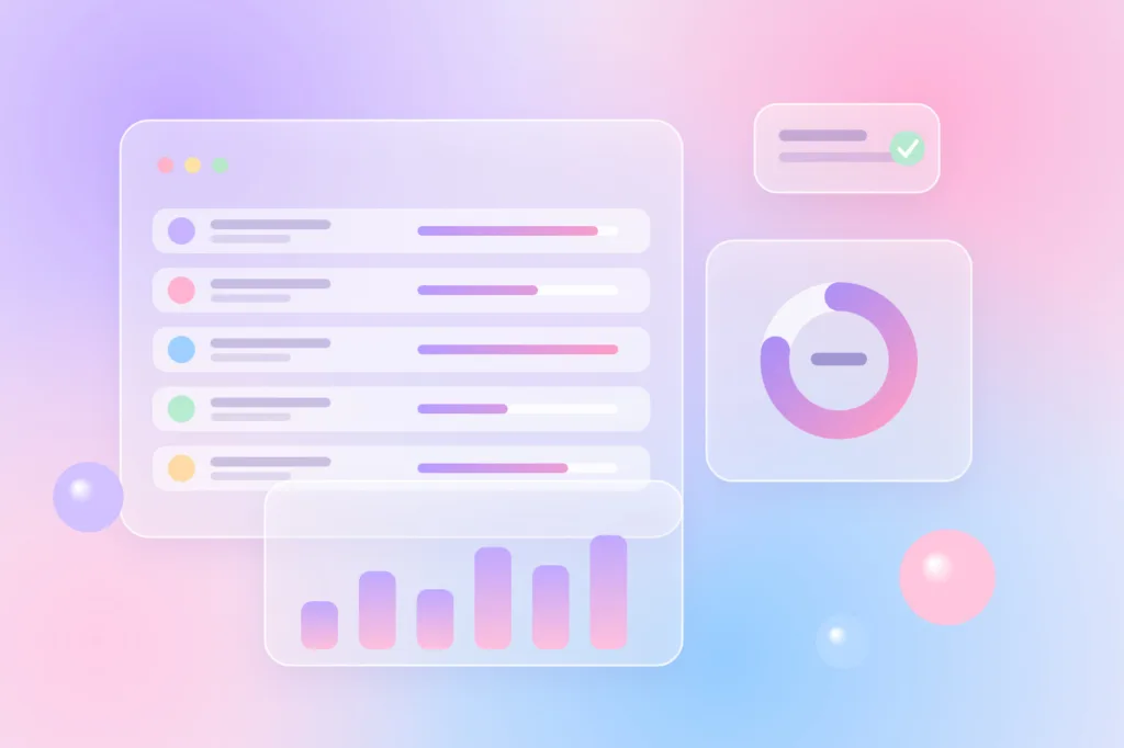 Pastel gradient illustration of a training tracking dashboard with progress bars, a donut chart and certification cards