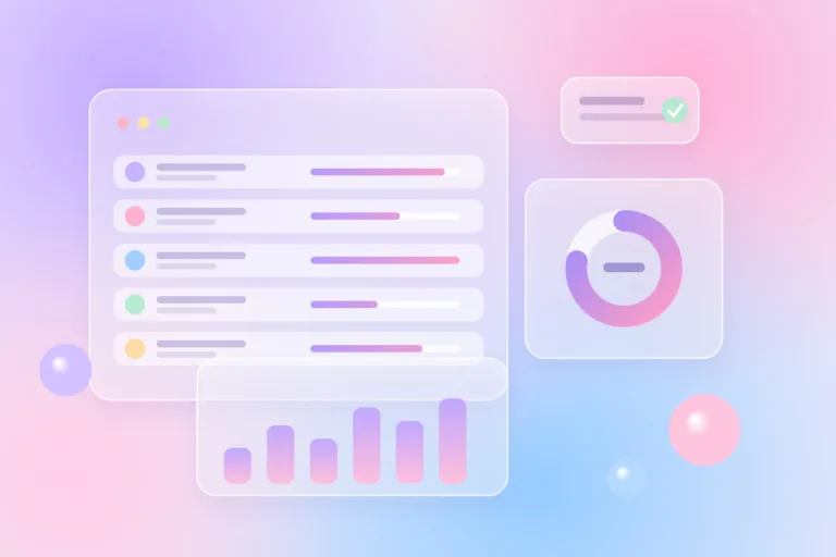 Pastel gradient illustration of a training tracking dashboard with progress bars, a donut chart and certification cards