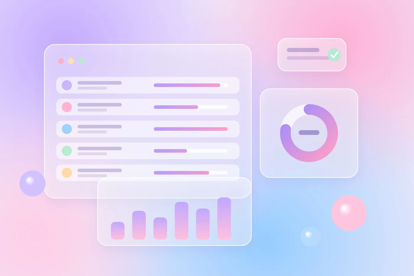 Pastel gradient illustration of a training tracking dashboard with progress bars, a donut chart and certification cards