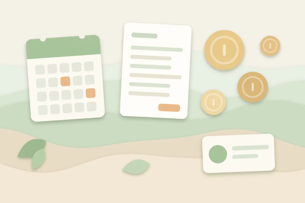 Layered paper-cut illustration of a calendar, invoice cards and coins representing freelance trainer rates and payment