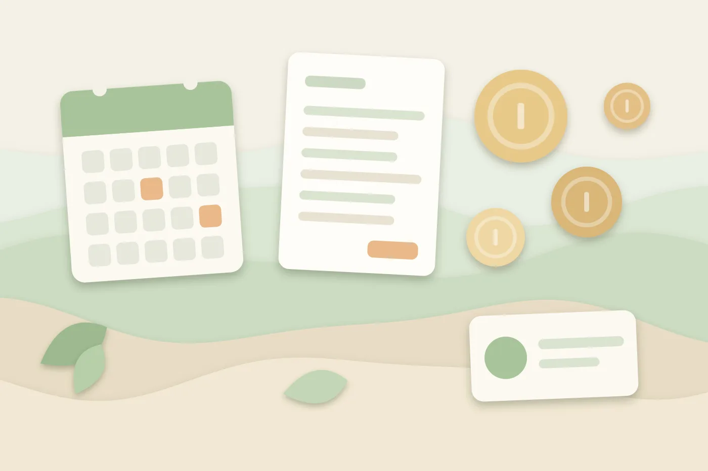 Layered paper-cut illustration of a calendar, invoice cards and coins representing freelance trainer rates and payment