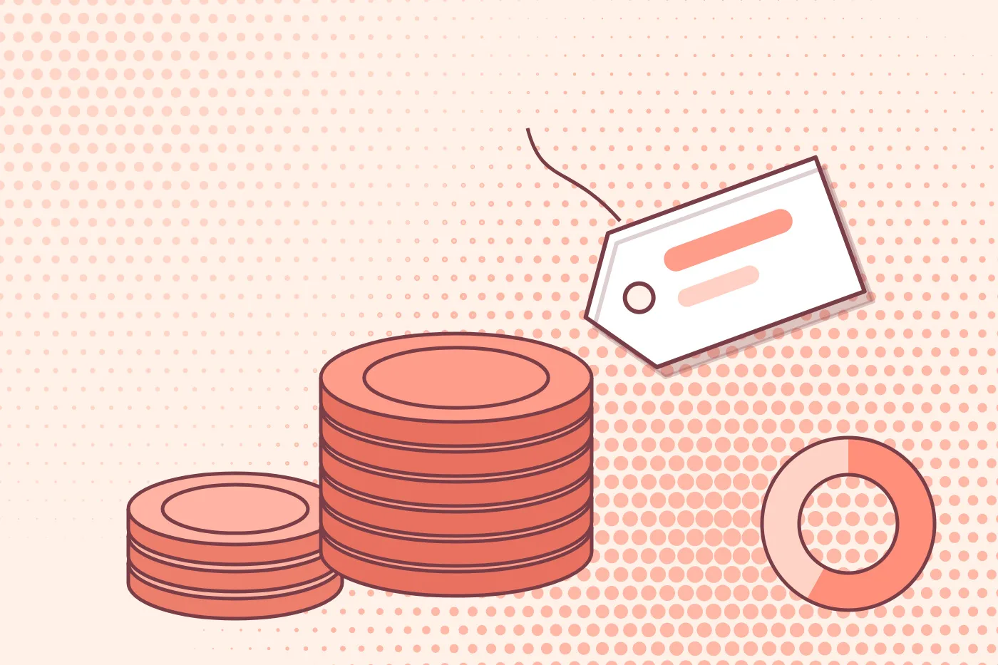 Duotone halftone illustration of a stack of coins and a price tag representing how to price training courses