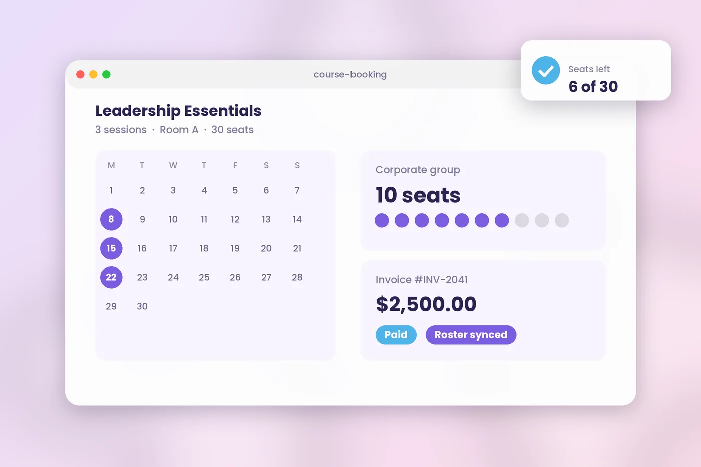 SimpliTrain dashboard showing an online course booking system interface with automated registration metrics and corporate gro