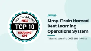 SimpliTrain Talented Learning 2026 LMS Awards winner badge, Best Learning Operations System