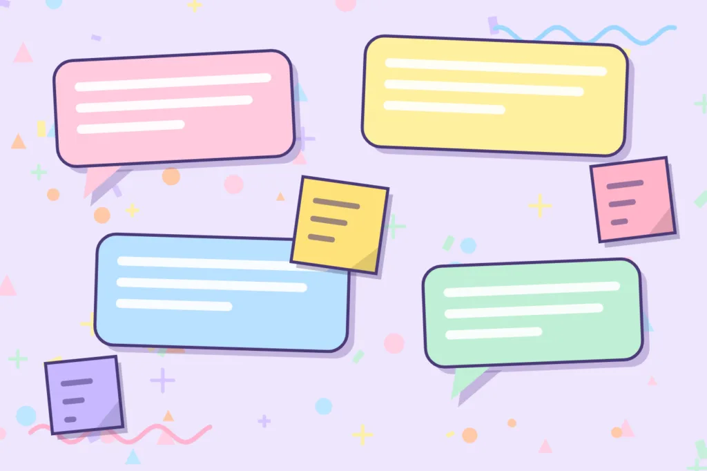 Collage of speech bubbles, sticky notes and group icons representing training activities for adults in live sessions