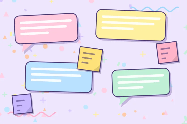 Collage of speech bubbles, sticky notes and group icons representing training activities for adults in live sessions